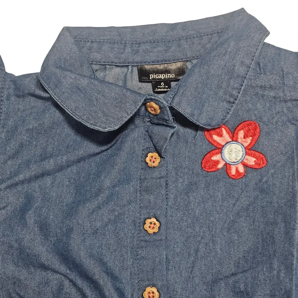 Picapino Girls 6 Chambray Denim Floral Skirt Dress Flutter Sleeve Button Front